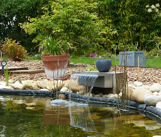 bassin d'agrément hors-sol décoré d'une fontaine, de plantes