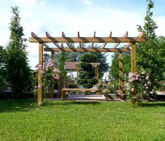 Photo Pergola en bois et rosiers grimpants