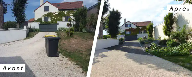 Photo Descente de garage en enrobé et gravier sur alvéodalles