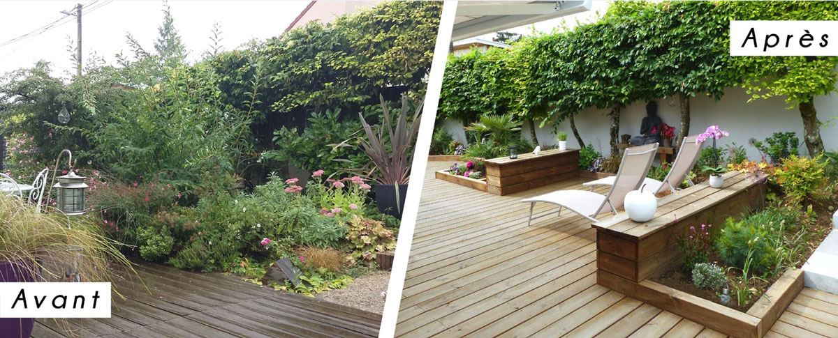 jardin avec terrasse avant et après