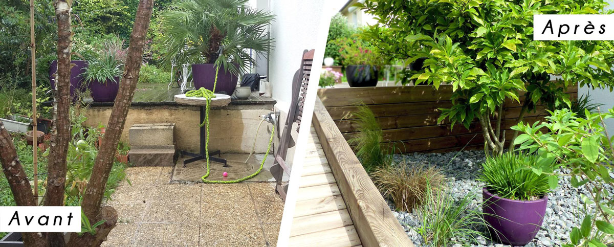 jardin avec terrasse avant et après