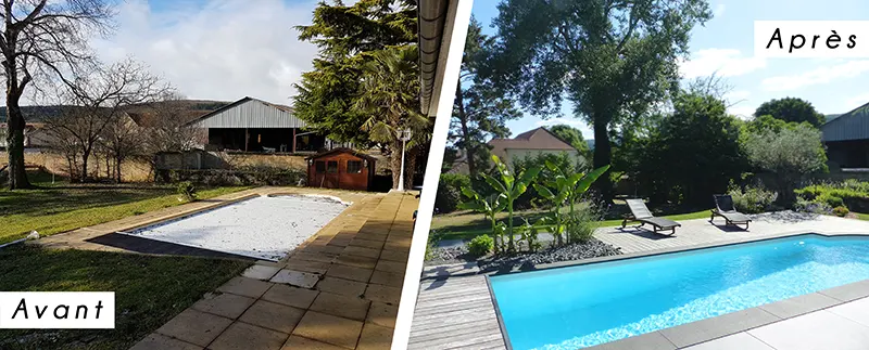 Rénovation d'une plage de piscine en bois et grès cérame